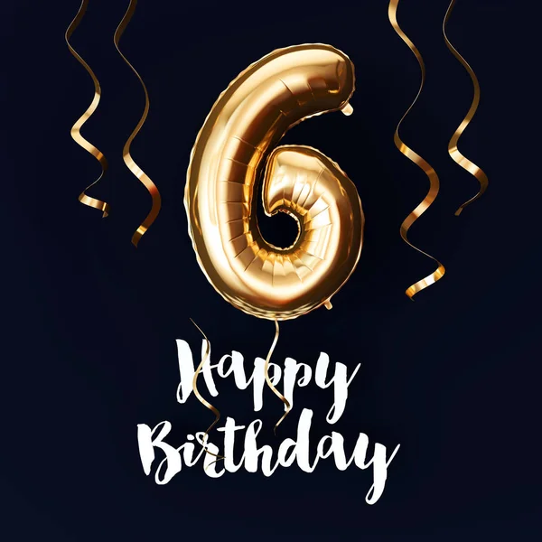 Happy 6th Birthday gold foil balloon background with ribbons. 3D Render