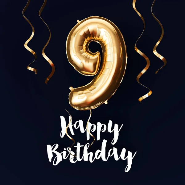 Happy 9th Birthday gold foil balloon background with ribbons. 3D Render