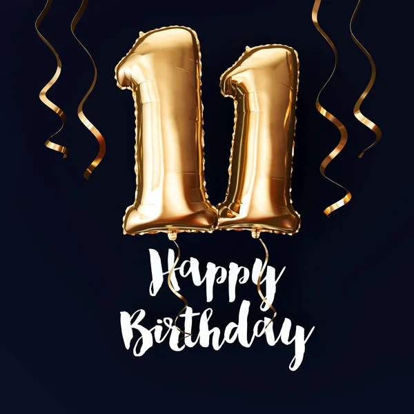 Happy 11th Birthday gold foil balloon background with ribbons. 3D Render