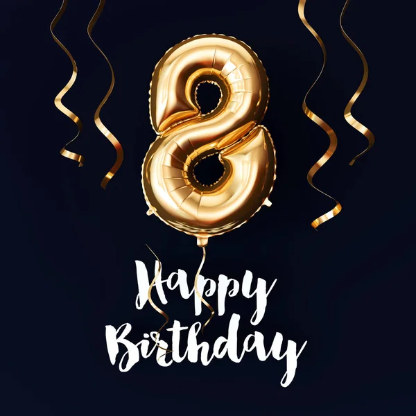 Happy 8th Birthday gold foil balloon background with ribbons. 3D Render