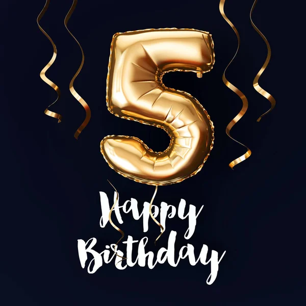 Happy 5th Birthday gold foil balloon background with ribbons. 3D Render