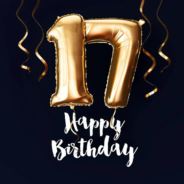 Happy 17th Birthday gold foil balloon background with ribbons. 3D Render