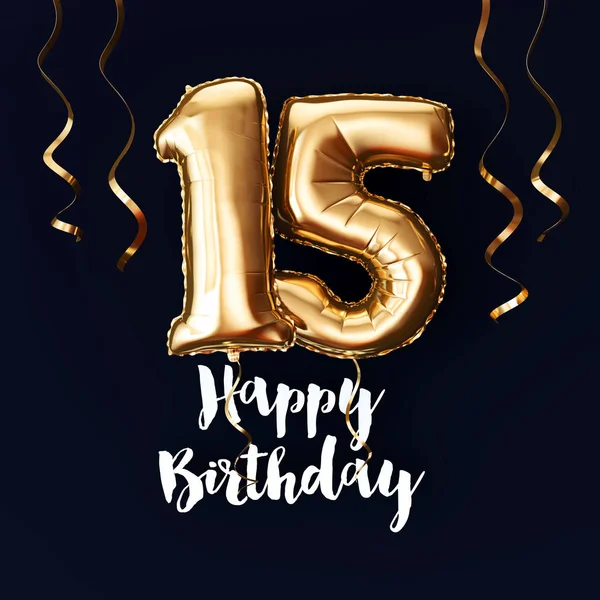 Happy 15th Birthday gold foil balloon background with ribbons. 3D Render