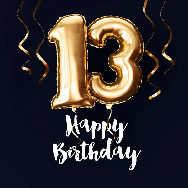 Happy 13th Birthday gold foil balloon background with ribbons. 3D Render