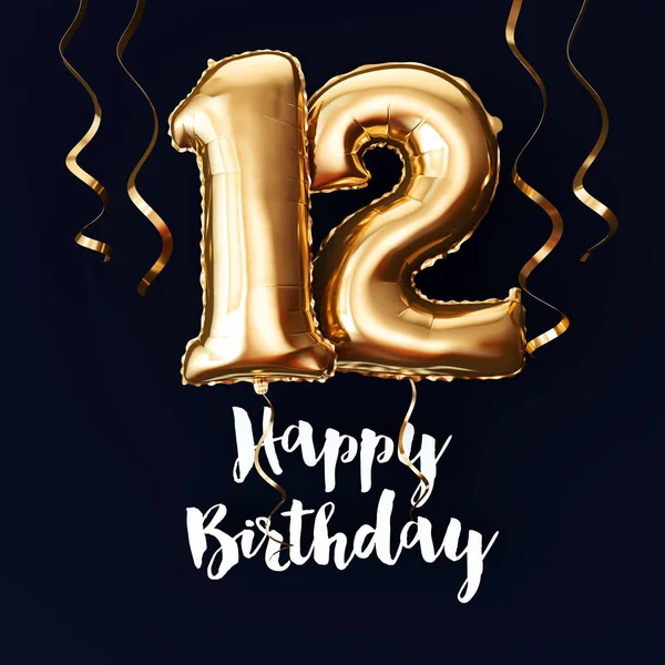 Happy 12th Birthday gold foil balloon background with ribbons. 3D Render