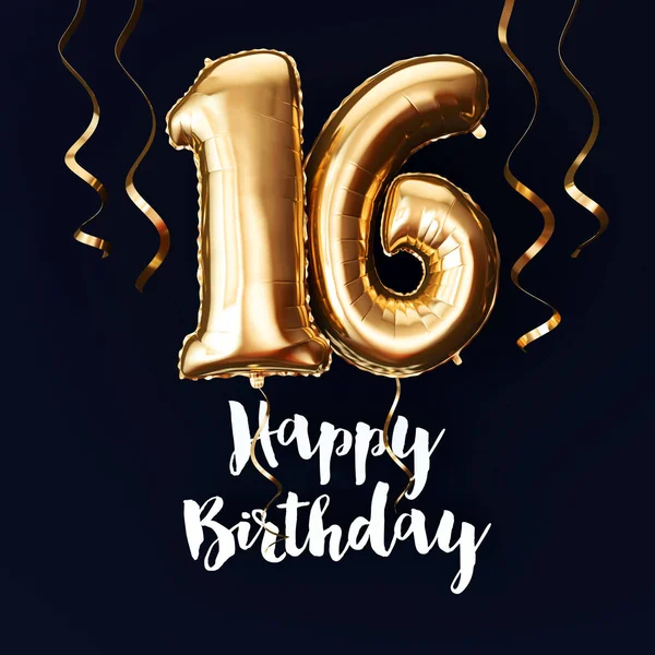 Happy 16th Birthday gold foil balloon background with ribbons. 3D Render