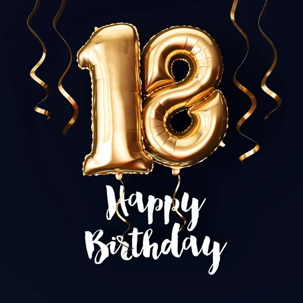 Boldog 18. születésnapi Aranyfólia léggömb háttér szalagok. 3D-leképezés — Stock Fotó