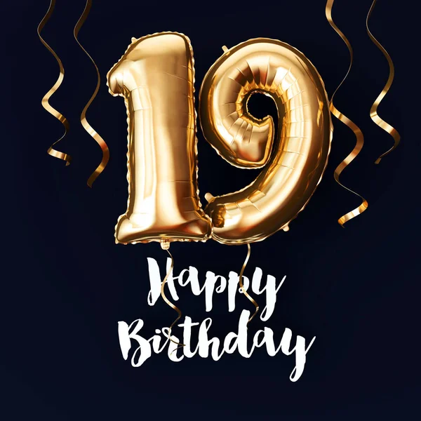 Szczęśliwy 19 urodziny złoto folia balon tło z wstążkami. Renderowanie 3D — Zdjęcie stockowe