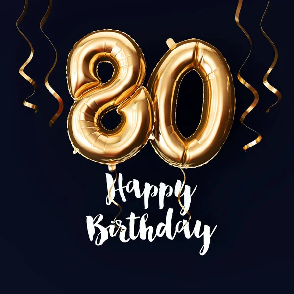 Happy 80th Birthday gold foil balloon background with ribbons. 3D Render