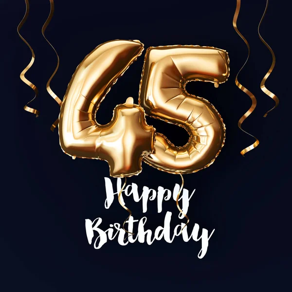 Happy 45th Birthday gold foil balloon background with ribbons. 3D Render