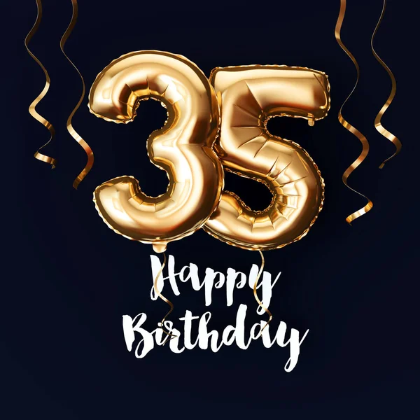 Happy 35th urodziny złoto folia balon tło z wstążkami. Renderowanie 3D — Zdjęcie stockowe