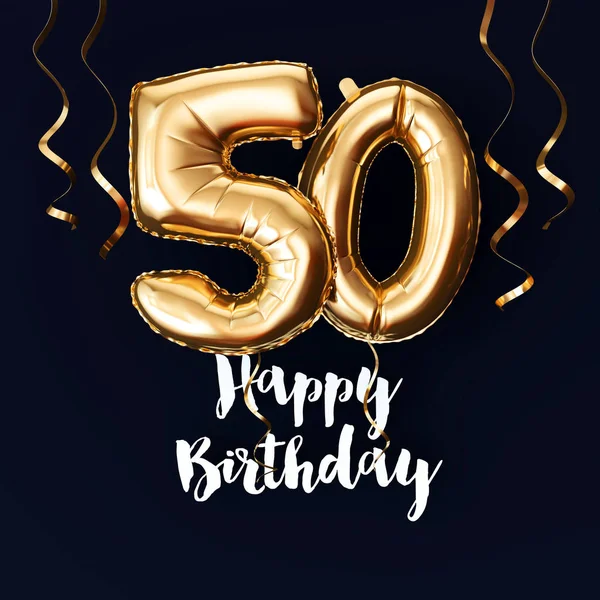 Happy 50th Birthday gold foil balloon background with ribbons. 3D Render — Stock Photo, Image