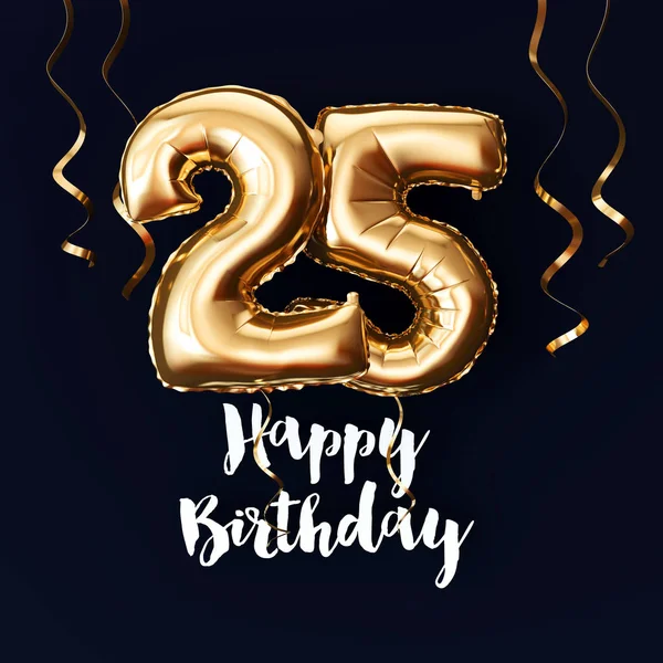 Happy 25 urodziny złoto folia balon tło z wstążkami. Renderowanie 3D — Zdjęcie stockowe