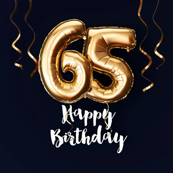Happy 65th Birthday gold foil balloon background with ribbons. 3D Render