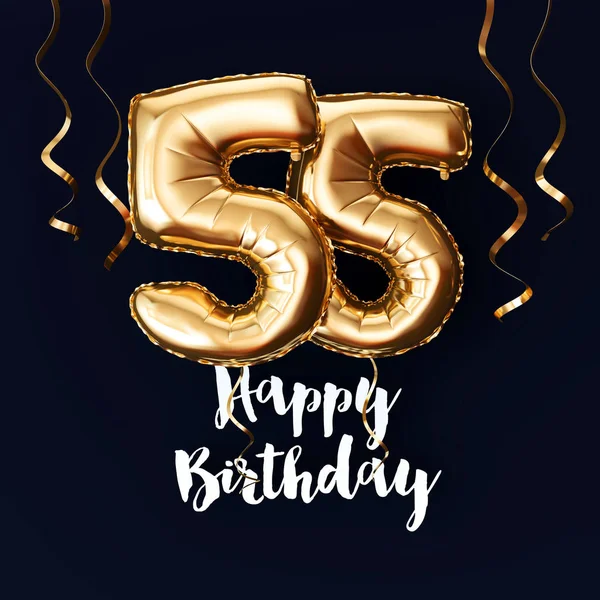 Happy 55th Birthday gold foil balloon background with ribbons. 3D Render