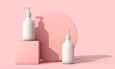 Pastel pembe arka plan üzerinde boş beyaz kozmetik cilt bakımı makyaj şişesi. 3d Render