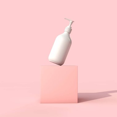 Pastel pembe arka plan üzerinde boş beyaz kozmetik cilt bakımı makyaj şişesi. 3d Render