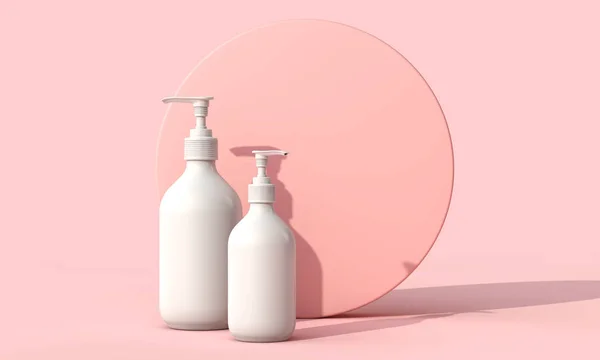 Botol rias kosmetik putih kosong pada latar belakang merah muda pastel. Perender 3D — Stok Foto