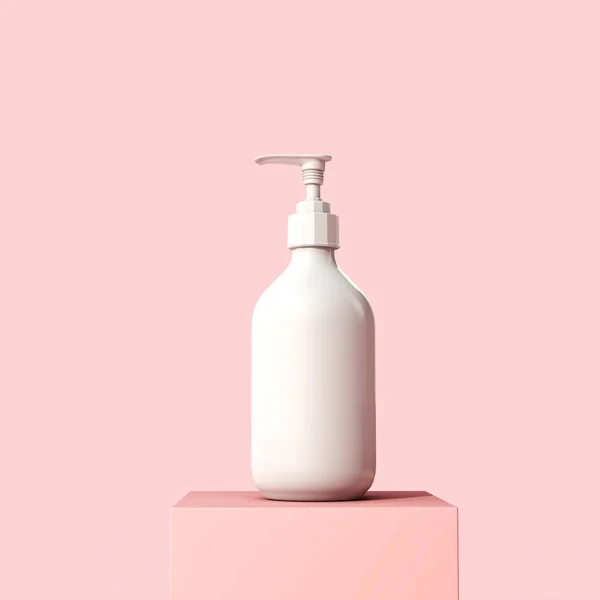 Botella de maquillaje cosmética blanca en blanco sobre fondo rosa pastel. Renderizado 3D — Foto de Stock