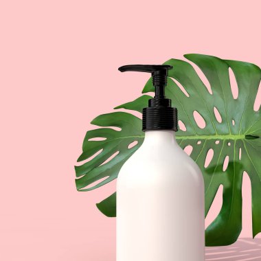 Tropik yapraklı boş beyaz kozmetik şişesi. 3d Render