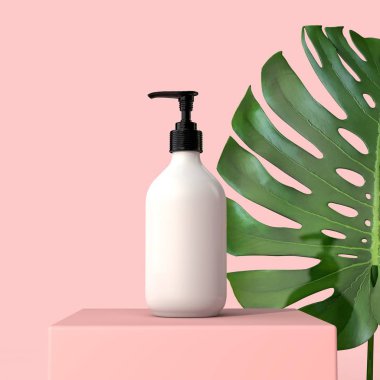 Tropik yapraklı boş beyaz kozmetik şişesi. 3d Render