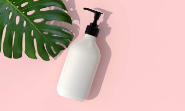 Tropik yapraklı boş beyaz kozmetik şişesi. 3d Render