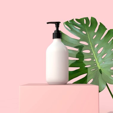 Tropik yapraklı boş beyaz kozmetik şişesi. 3d Render