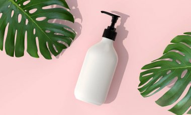 Tropik yapraklı boş beyaz kozmetik şişesi. 3d Render