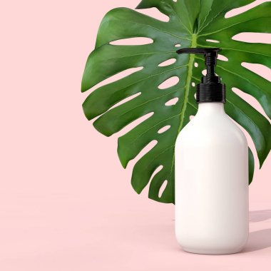 Tropik yapraklı boş beyaz kozmetik şişesi. 3d Render