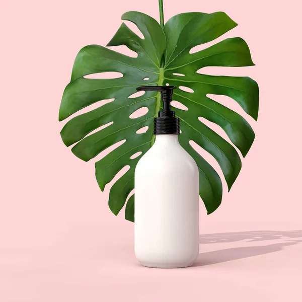 Κενό λευκό καλλυντικό μπουκάλι με ένα τροπικό φύλλο. Απόδοση 3D — Φωτογραφία Αρχείου