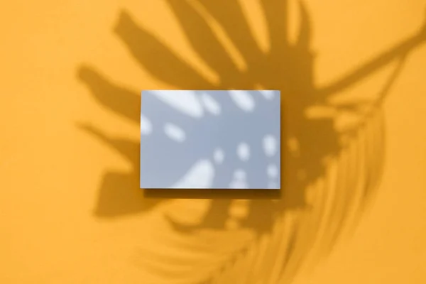 Sombra tropical de hoja de palma monstera sobre un marco de tarjeta blanca. Afiche naranja verano . —  Fotos de Stock