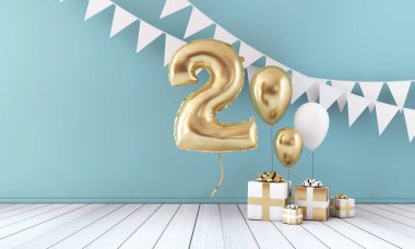 Mutlu 2 doğum günü partisi kutlama balonu, kiraz kuşu ve hediye kutusu. 3d Render
