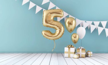 Mutlu 5 doğum günü partisi kutlama balonu, kiraz kuşu ve hediye kutusu. 3d Render