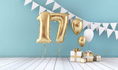 Mutlu 17 doğum günü partisi kutlama balonu, kiraz kuşu ve hediye kutusu. 3d Render