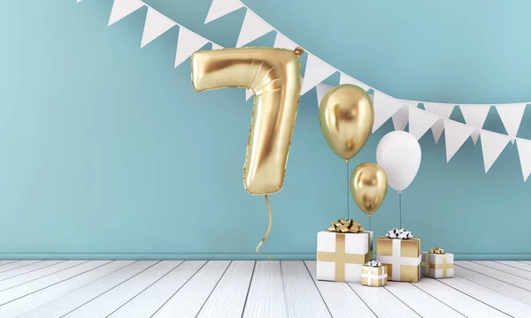 Joyeux 7ème anniversaire fête ballon, bunting et boîte cadeau. Expéditeur 3D — Photo