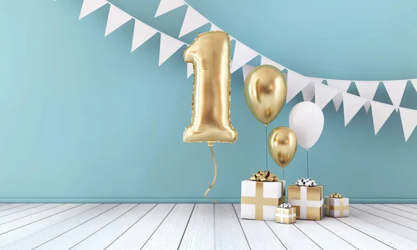 Gelukkige 1ste verjaardag partij viering ballon, Bunting en geschenk doos. 3D renderen — Stockfoto