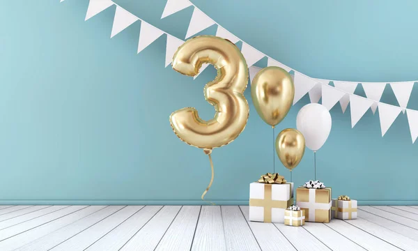 Feliz tercer cumpleaños fiesta globo de celebración, banderines y caja de regalo. Renderizado 3D — Foto de Stock