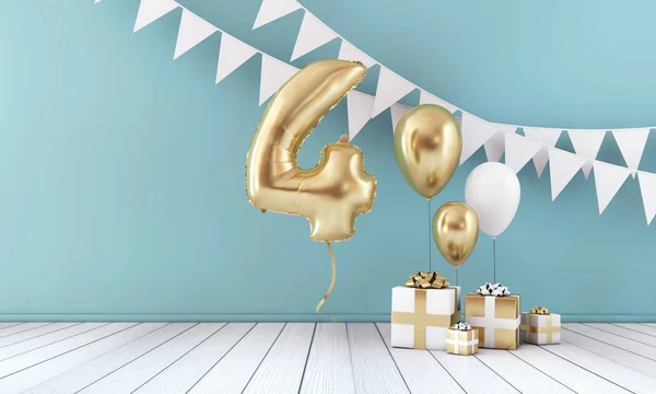 Happy 4. Geburtstag Party Ballon, Fahnenweihe und Geschenkbox. 3D-Darstellung — Stockfoto