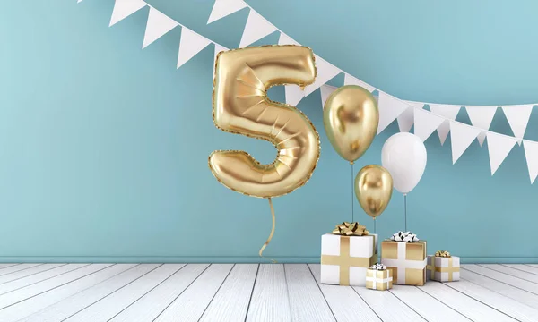 Happy 5th urodziny uroczystości balon, Bunting i pudełko prezent. Renderowanie 3D — Zdjęcie stockowe