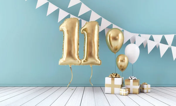 Feliz aniversário de 11 anos festa balão celebração, bunting e caixa de presente. Renderização 3D — Fotografia de Stock