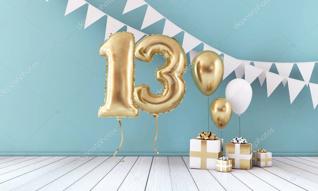 Happy 13th birthday party celebration balloon, bunting and gift box. 3D Render