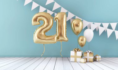 Mutlu 21 doğum günü partisi kutlama balonu, kiraz kuşu ve hediye kutusu. 3d Render