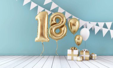 Mutlu 18 doğum günü partisi kutlama balonu, kiraz kuşu ve hediye kutusu. 3d Render