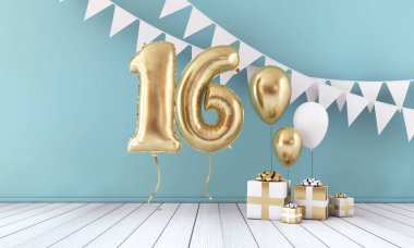 Mutlu 16 doğum günü partisi kutlama balonu, kiraz kuşu ve hediye kutusu. 3d Render