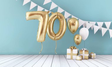 Mutlu 70 doğum günü partisi kutlama balonu, kiraz kuşu ve hediye kutusu. 3d Render