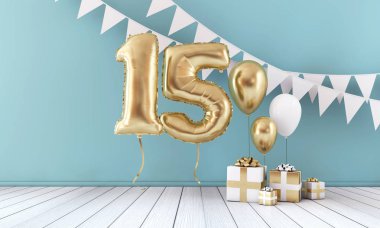 Mutlu 15 doğum günü partisi kutlama balonu, kiraz kuşu ve hediye kutusu. 3d Render
