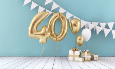Mutlu 40 doğum günü partisi kutlama balonu, kiraz kuşu ve hediye kutusu. 3d Render