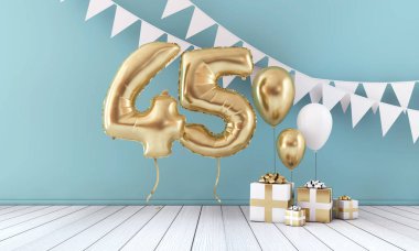 Mutlu 45 doğum günü partisi kutlama balonu, kiraz kuşu ve hediye kutusu. 3d Render