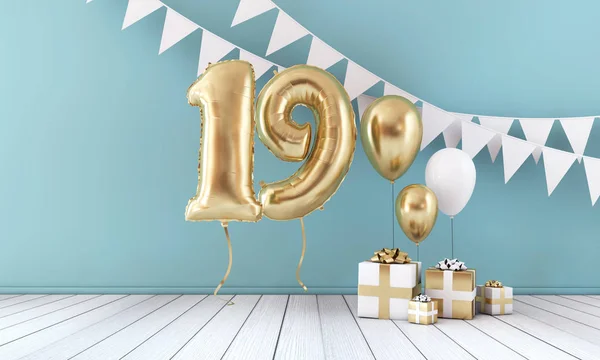 Feliz 19 cumpleaños fiesta globo de celebración, banderines y caja de regalo. Renderizado 3D —  Fotos de Stock