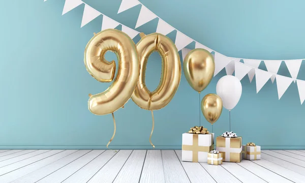 Feliz 90 cumpleaños fiesta fiesta globo, banderines y caja de regalo. Renderizado 3D — Foto de Stock